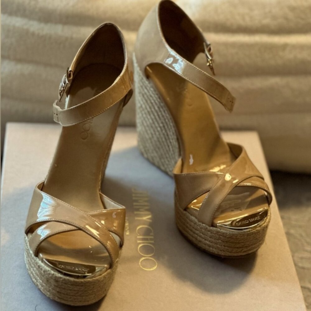 Jimmy Choo Wedge ESPADRILLES Nude Patent Leather sandals size 37.5